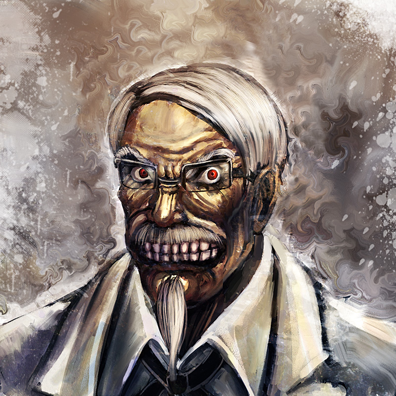1990s_(style) 1boy angry bccp beard berserk colonel_sanders creepy facial_hair glasses horror_(theme) kfc male_focus mozgus_(berserk) mustache portrait red_eyes retro_artstyle solo teeth what white_hair