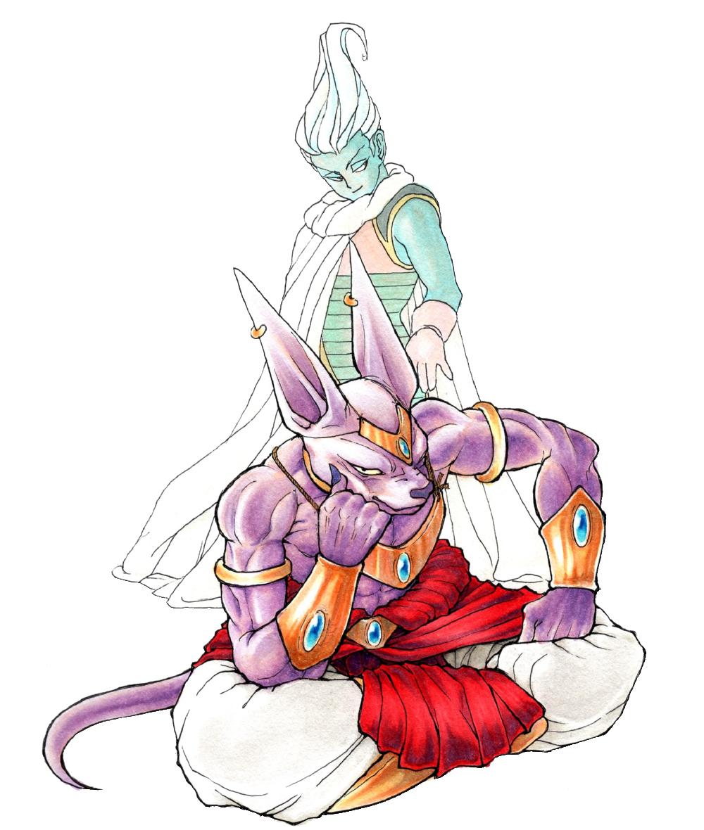 2boys animal_ears armor bare_shoulders beerus boots bracelet broly_(dragon_ball_z) cat_ears colored_skin dragon_ball dragonball_z dragonball_z_battle_of_gods god_of_destruction_beerus jewelry monster multiple_boys muscular paragus_(dragon_ball_z) purple_skin sitting smile tail whis yokisaga