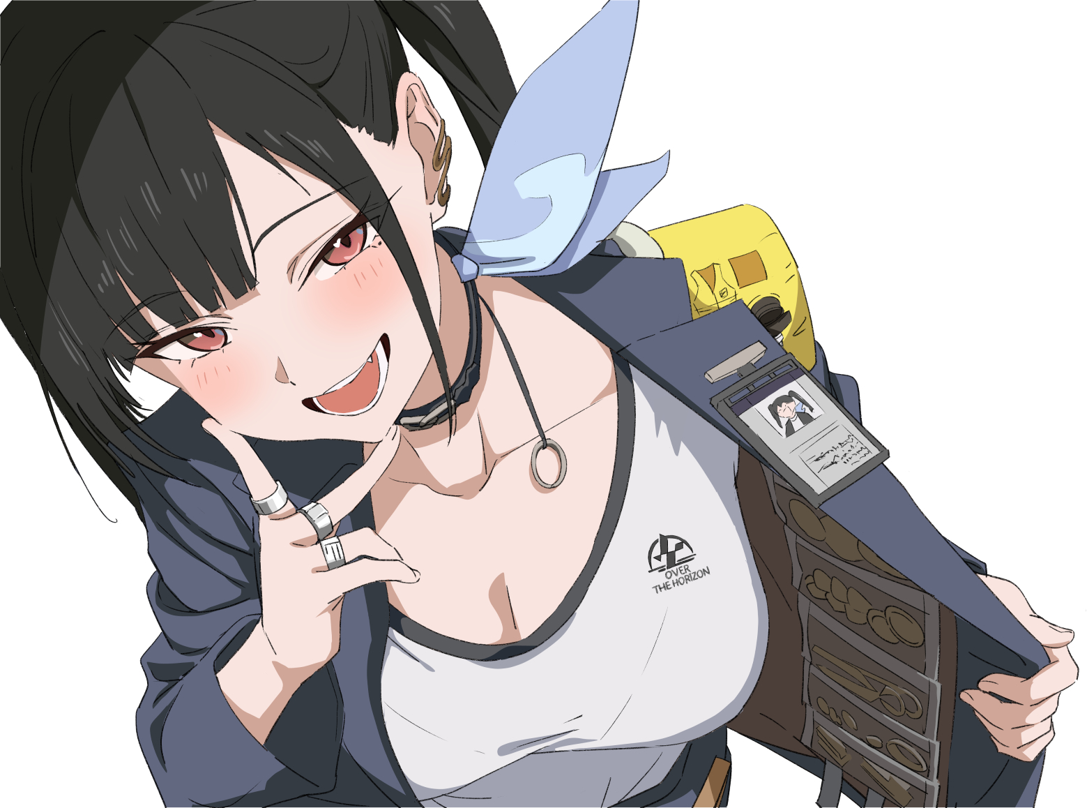 1girl black_choker black_hair blue_jacket blush breasts choker commentary_request from_above goddess_of_victory:_nikke hatenoga id_card jacket jewelry large_breasts long_hair looking_at_viewer multiple_rings open_clothes open_jacket open_mouth red_eyes ring shirt simple_background solo sora_(nikke) twintails upper_body white_background white_shirt