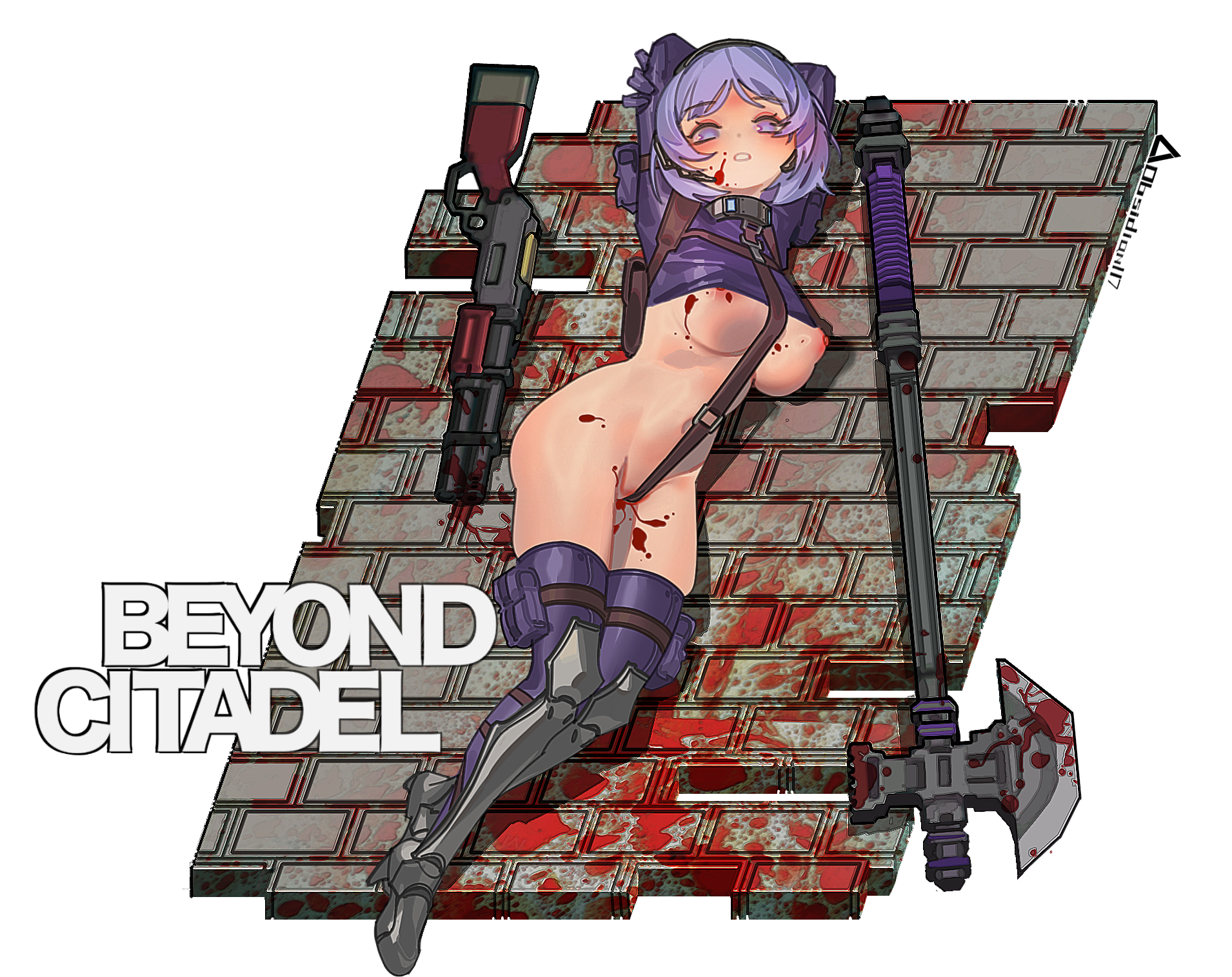 1girl arms_up axe beyond_citadel blood breasts cross_swimsuit crotch_strap gloves gun highres holster long_sleeves looking_at_viewer lying martyr_(the_citadel) medium_breasts nipple_slip nipples obsidian117 on_side purple_eyes purple_gloves purple_hair purple_thighhighs revealing_clothes rifle short_hair shoulder_holster solo swimsuit the_citadel thighhighs underboob weapon