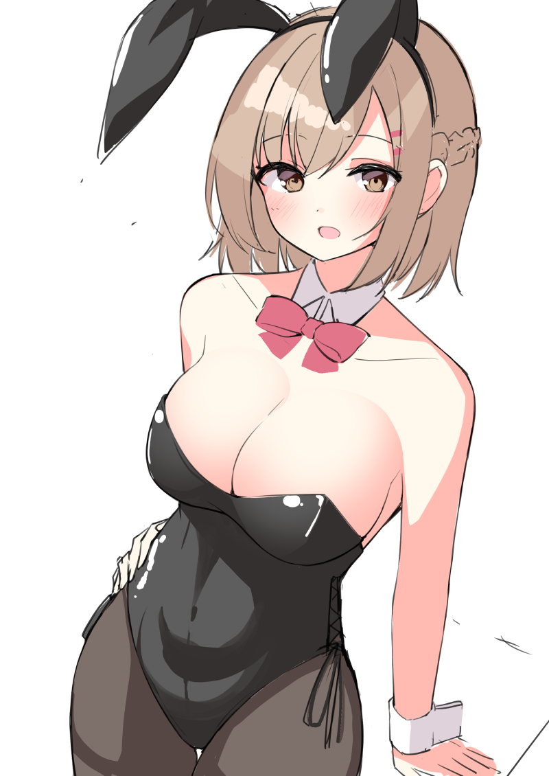 1girl animal_ears bare_shoulders black_hairband black_leotard blush braid breasts brown_eyes brown_hair brown_pantyhose childhood_friend_(ominaeshi) cleavage commentary_request covered_navel fake_animal_ears hair_between_eyes hair_ornament hairband hairclip hand_on_own_hip leotard looking_at_viewer medium_breasts ominaeshi_(takenoko) open_mouth original pantyhose playboy_bunny rabbit_ears simple_background sketch solo strapless strapless_leotard white_background wrist_cuffs