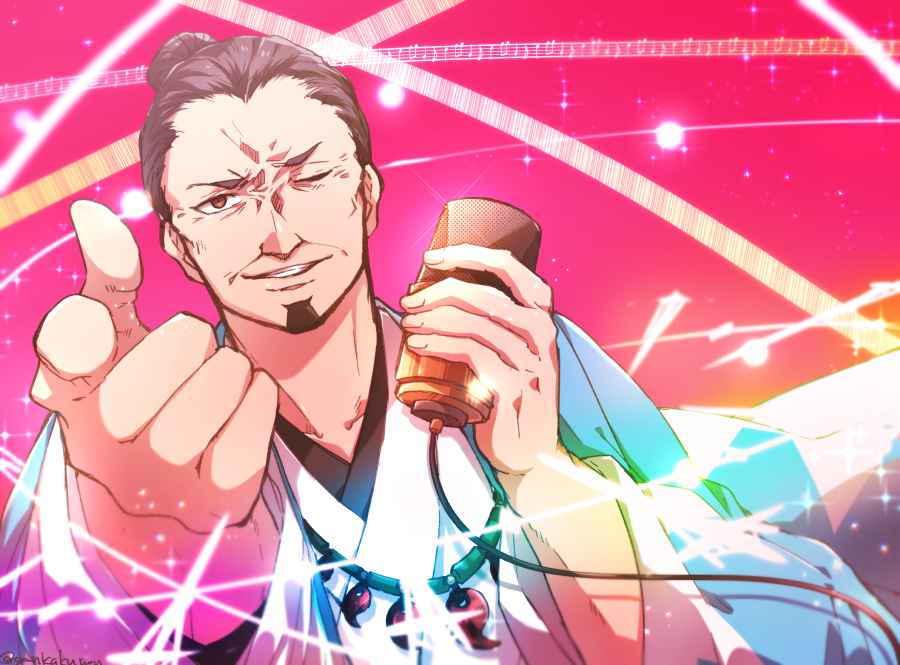 1boy dancing facial_hair fate/grand_order fate_(series) goatee hair_knot hair_slicked_back haori idol japanese_clothes looking_at_viewer magatama male_focus masaki_(star8moon) mature_male pointing pointing_at_viewer serizawa_kamo_(fate) short_hair smile solo thick_eyebrows upper_body wrinkled_skin