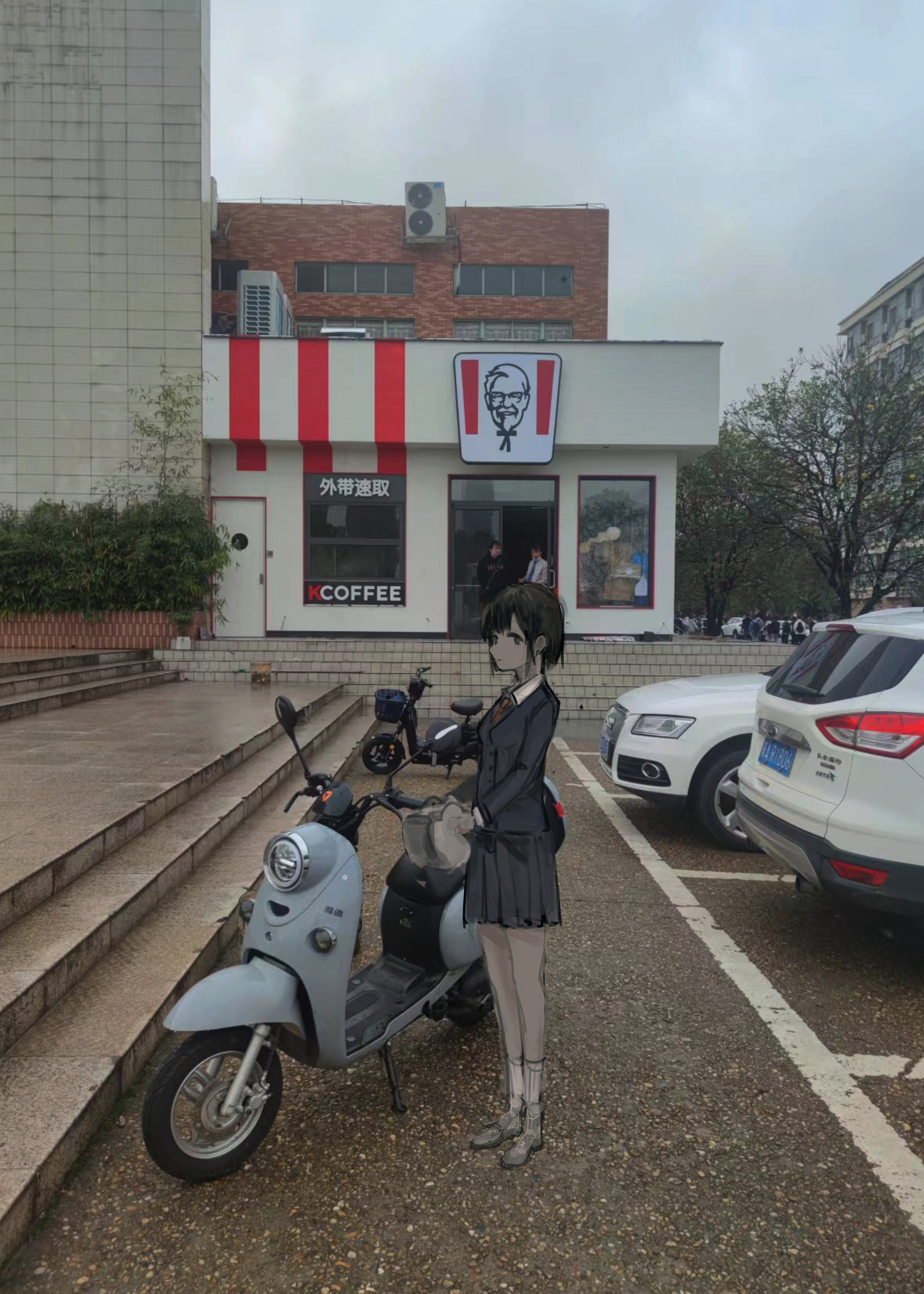 16bsketch9 1girl 6+boys absurdres ankle_socks audi black_hair blazer car china dark-skinned_female dark_skin highres jacket kfc looking_at_viewer moped motor_vehicle multiple_boys necktie outdoors photo_background pleated_skirt real_world_location restaurant school_uniform skirt socks stairs