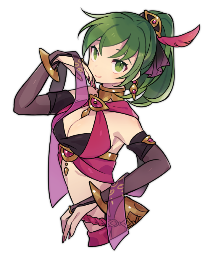 1girl arm_up bracelet breasts bridal_gauntlets dancer earrings fire_emblem fire_emblem:_genealogy_of_the_holy_war fire_emblem_heroes green_eyes green_hair haconeri hair_ornament jewelry lene_(fire_emblem) lene_(plegian)_(fire_emblem) nintendo official_alternate_costume ponytail revision simple_background smile solo upper_body white_background