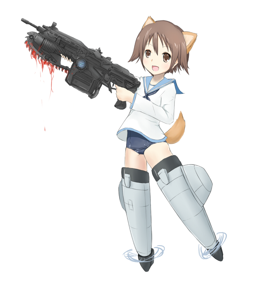 1girl animal_ears bad_id bad_pixiv_id blood borrowed_weapon brown_eyes brown_hair chainsaw female_focus gears_of_war gun lancer_(gears_of_war) miyafuji_yoshika no_pants one-piece_swimsuit parody rifle roro_(qualitynine) school_swimsuit school_uniform short_hair solo strike_witches striker_unit swimsuit swimsuit_under_clothes tail weapon world_witches_series