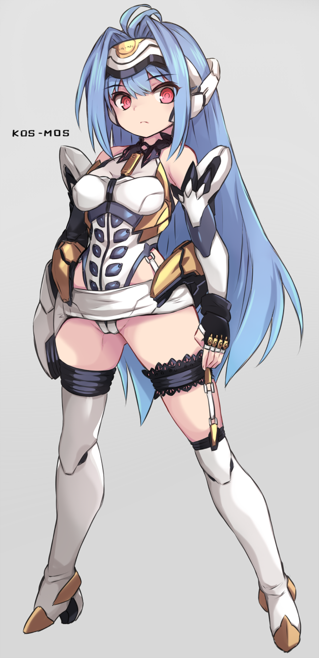 1girl android blue_hair character_name closed_mouth commentary_request forehead_protector full_body hair_between_eyes highres joints karukan_(monjya) kos-mos long_hair partially_visible_vulva red_eyes red_pupils robot_joints solo standing very_long_hair xenosaga xenosaga_episode_i