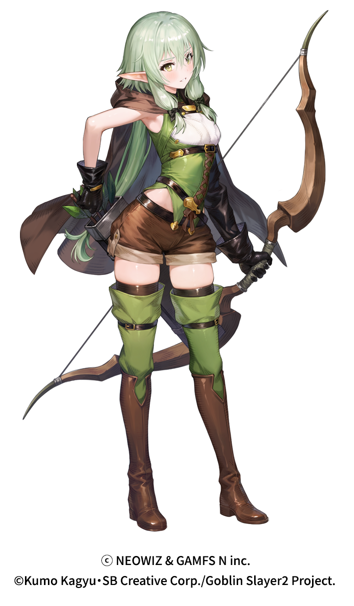 1girl armpits arrow_(projectile) asymmetrical_sleeves belt black_gloves black_sleeves black_thighhighs blush boots bow_(weapon) breasts brown_boots brown_cloak brown_dust_(series) brown_dust_2 brown_shorts cloak copyright_name elf full_body gloves goblin_slayer! green_eyes green_hair green_vest high_elf_archer_(goblin_slayer!) high_heel_boots high_heels highres holding holding_arrow holding_bow_(weapon) holding_weapon long_hair looking_at_viewer official_art pointy_ears quiver shadow shirt shorts simple_background small_breasts smile solo thighhighs vest weapon white_background white_shirt
