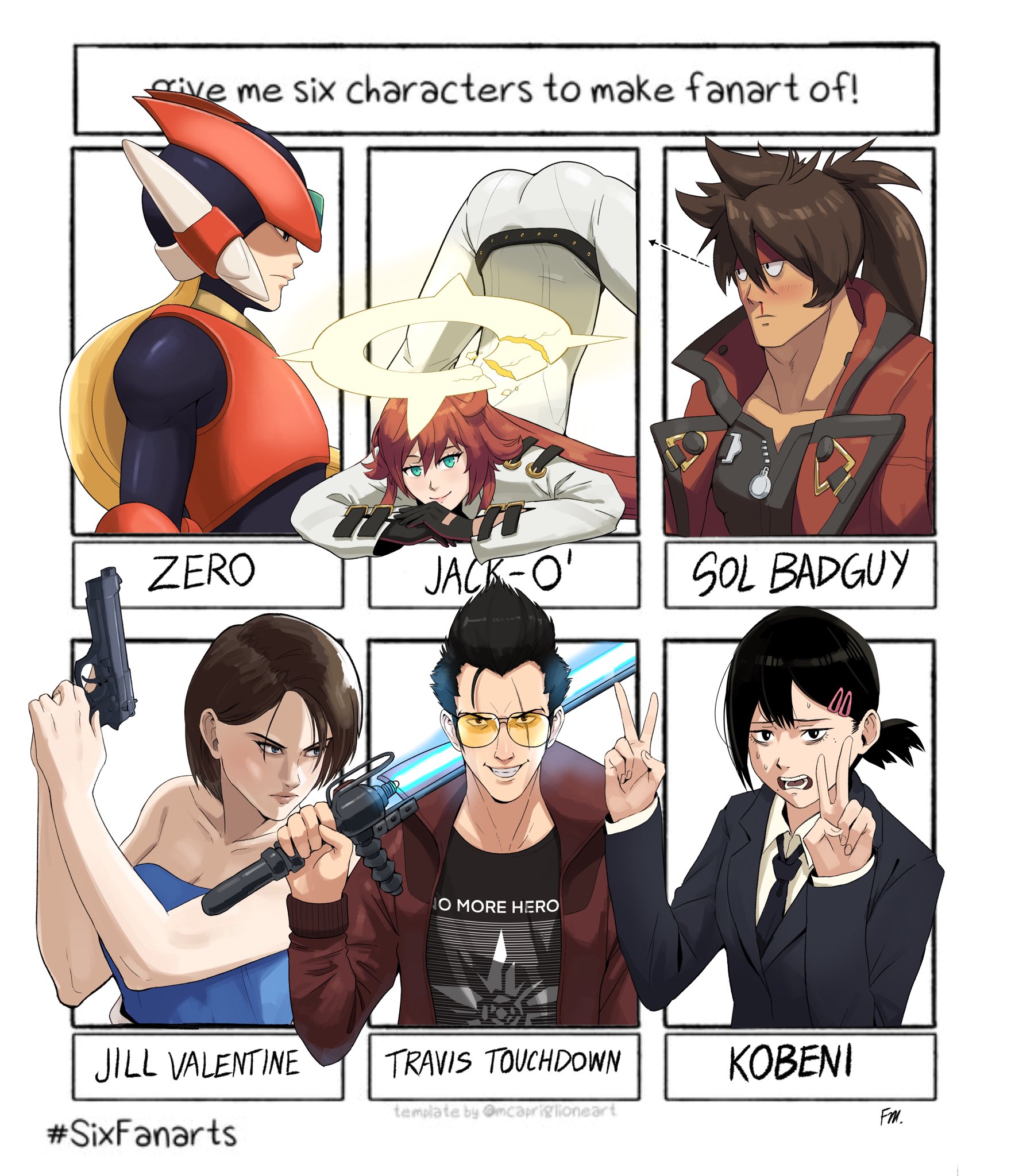 beam_katana black_eyes black_gloves black_hair black_necktie blonde_hair blood breasts brown_hair chainsaw_man cleavage double_v energy_sword english_text formal_clothes francisco_mon frown gloves green_eyes grin guilty_gear guilty_gear_strive gun hair_ornament hairclip halo handgun headband higashiyama_kobeni highres jack-o'_challenge jack-o'_valentine jacket jill_valentine long_hair medium_breasts mega_man_(series) mega_man_x_(series) mega_man_zero_(series) multiple_drawing_challenge necktie no_more_heroes nosebleed ponytail profile red_jacket resident_evil resident_evil_3:_nemesis scar scar_across_eye scar_on_face serious signature six_fanarts_challenge smile sol_badguy spiked_halo strapless suit sweat sword travis_touchdown trigger_discipline tube_top v weapon zero(z)_(mega_man) zero_(mega_man)