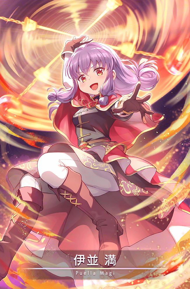 1girl afterimage arm_up baton_(weapon) belt black_shirt black_skirt boots breasts brown_belt brown_boots brown_gloves capelet card_(medium) character_name collared_capelet diamond_(gemstone) dot_nose dress embers fire floating_hair floral_print full_body game_cg gem gloves hair_between_eyes hair_rings high_collar high_heel_boots high_heels holding holding_baton_(weapon) holding_weapon inami_mitsuru knee_boots lace-up_boots layered_skirt layered_sleeves light_blush long_hair long_sleeves looking_at_viewer low-tied_long_hair magia_record:_mahou_shoujo_madoka_magica_gaiden mahou_shoujo_madoka_magica medium_dress motion_blur neck_ribbon official_art open_mouth outstretched_hand pants pants_under_skirt purple_background purple_hair pyrokinesis red_capelet red_eyes red_gemstone red_ribbon red_skirt ribbon rose_print shirt short_over_long_sleeves short_sleeves sidelocks skirt smile solo turtleneck turtleneck_shirt spinning_weapon two-sided_fabric two-sided_skirt uedrk_yamato weapon white_pants white_skirt white_sleeves