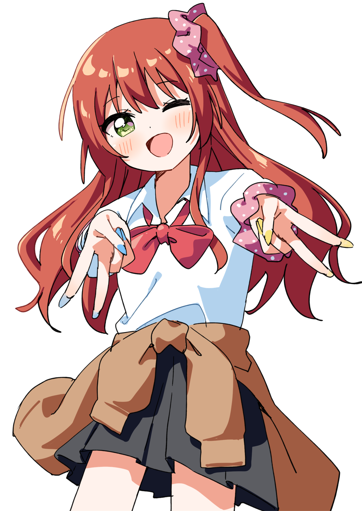 1girl ;d black_skirt blue_nails blush bocchi_the_rock! bow bowtie brown_sweater clothes_around_waist collared_shirt commentary cowboy_shot dot_nose green_eyes gyaru hair_ornament hair_scrunchie haru_(konomi_150) highres kita_ikuyo long_hair looking_at_viewer nail_polish one_eye_closed one_side_up open_mouth pink_scrunchie pleated_skirt red_bow red_bowtie red_hair school_uniform scrunchie shirt short_sleeves shuka_high_school_uniform skirt smile solo sweater sweater_around_waist white_shirt wrist_scrunchie yellow_nails