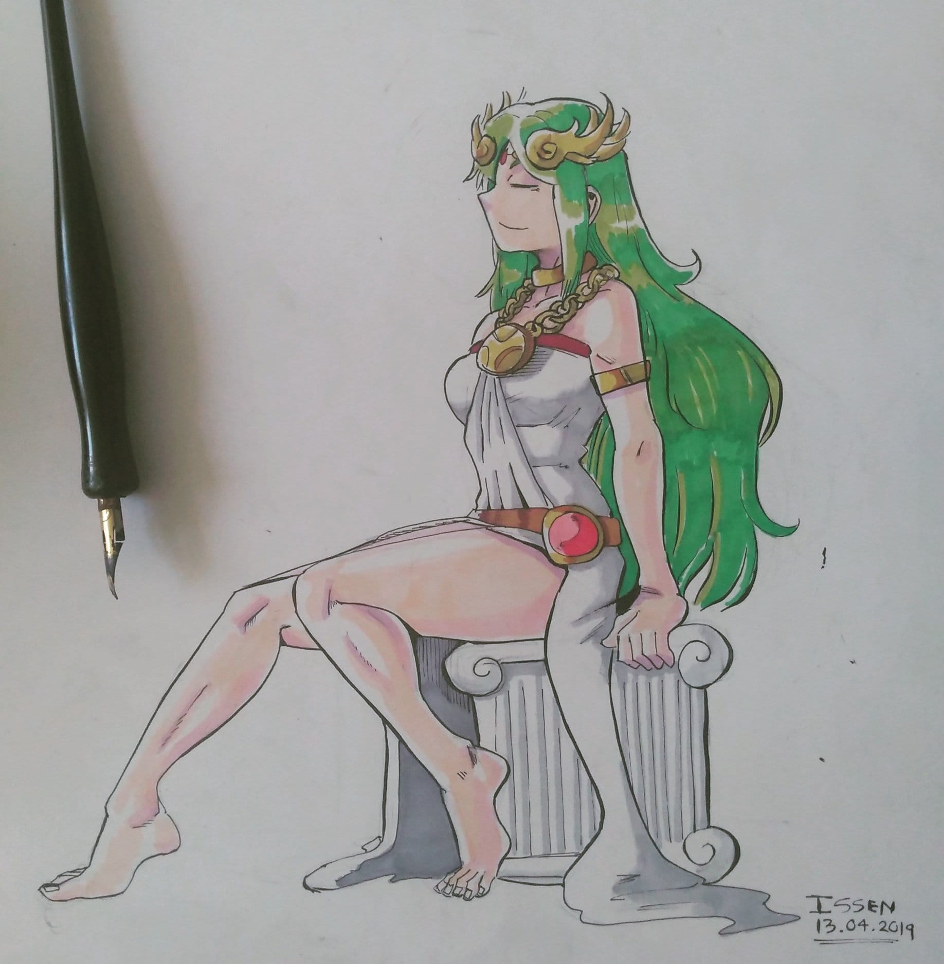 1girl art_tools_in_frame assentlov barefoot breasts chain circlet closed_eyes dated gold_chain green_hair highres kid_icarus kid_icarus_uprising legs long_hair nintendo palutena photo_(medium) signature sitting solo traditional_media very_long_hair