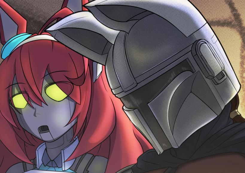 1girl 1other animal_ears cosplay ctn_sasuke din_djarin din_djarin_(cosplay) eyes_visible_through_hair helmet horse_ears ig-11 looking_down mandalorian mihono_bourbon_(umamusume) robot scene_reference star_wars the_mandalorian umamusume