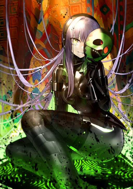 1girl black_bodysuit black_boots black_gloves black_hairband bodysuit boots breasts breasts_apart evil_smile fate/grand_order fate_(series) feet_out_of_frame floating_hair game_cg gloves green_mask hairband holding holding_mask kingprotea_(fate) latex latex_bodysuit latex_gloves long_hair long_sidelocks looking_at_viewer mask medium_breasts official_art one_eye_covered purple_hair sidelocks single_sidelock smile solo teeth thigh_boots third-party_source turtleneck turtleneck_bodysuit variant_set very_long_hair wada_arco xochitonal_(fate) yellow_eyes