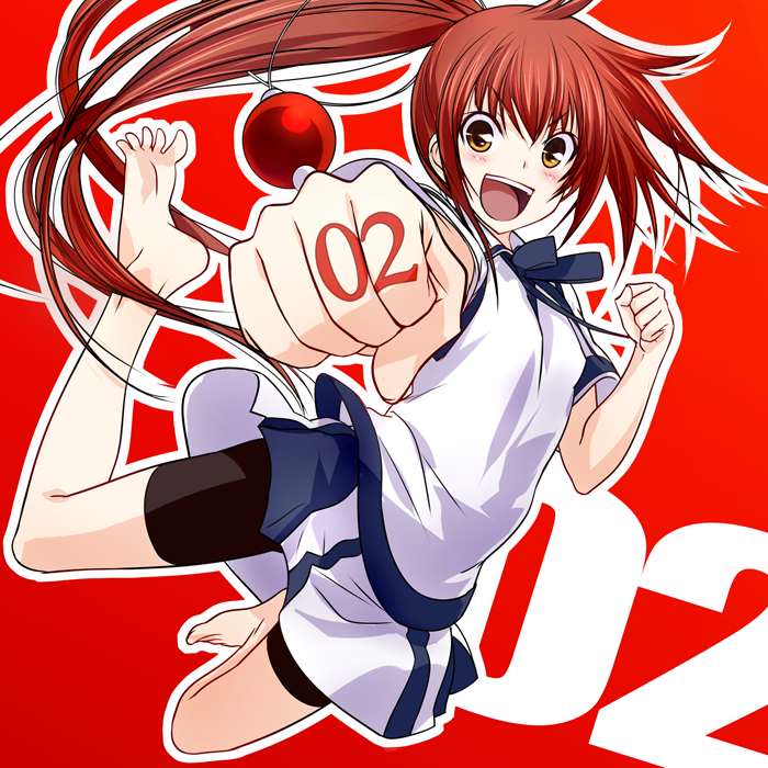 1girl barefoot bike_shorts blush brown_hair clenched_hands countdown foreshortening happy kawagishi_keitarou kawakami_kazuko maji_de_watashi_ni_koi_shinasai! open_mouth ponytail ribbon school_uniform wagi yellow_eyes