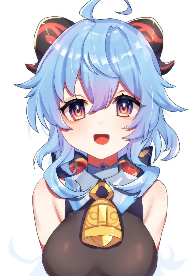 ahoge bell blue_hair blush bow bowtie breasts commentary_request ganyu_(genshin_impact) genshin_impact horns large_breasts looking_at_viewer makalo_ni_hakase neck_bell open_mouth purple_eyes sidelocks sleeveless smile solo white_background