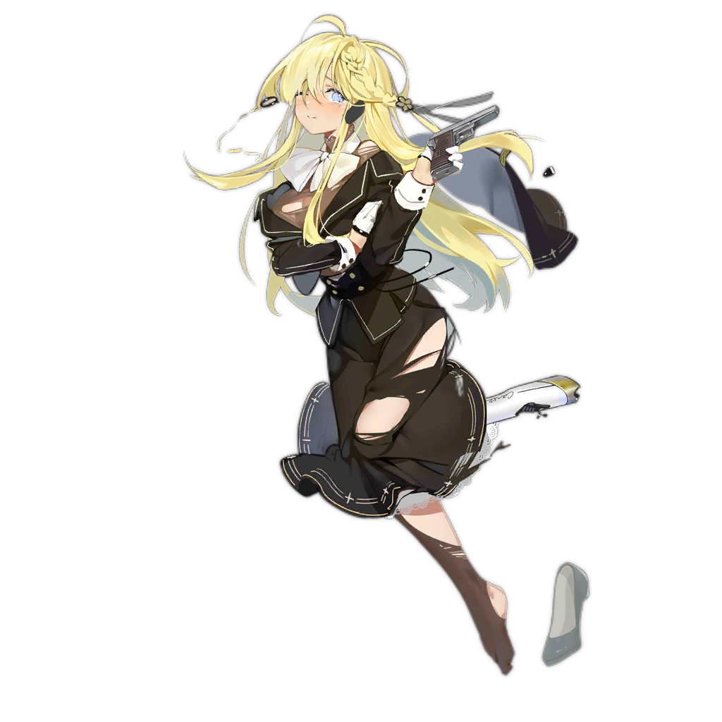 1girl black_dress blonde_hair blue_eyes blush braid closed_mouth cz52_(girls&#039;_frontline) cz_52 dress feet female_focus full_body girls&#039;_frontline gun hair_between_eyes hair_ornament handgun high_heels holding holding_gun holding_weapon long_hair long_sleeves mechabare mechanical mechanical_legs monocle official_art pistol prosthesis shoes single_mechanical_leg solo standing tears torn_clothes torn_dress torn_legwear transparent_background unworn_shoes weapon xiao_chichi