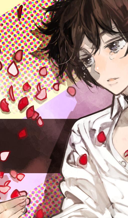 1boy black_choker brown_hair choker collared_shirt commentary crying crying_with_eyes_open fate/grand_order fate_(series) grey_eyes hair_between_eyes long_sleeves male_focus official_art parted_lips petals shirt short_hair solo tears third-party_source toi8 unbuttoned unbuttoned_shirt upper_body white_shirt
