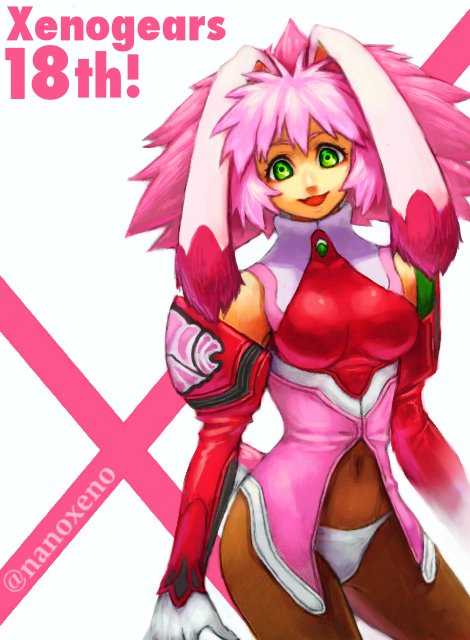 1girl :d ahoge animal_ears bare_shoulders black_pantyhose bodystocking breasts covered_navel detached_sleeves floppy_ears gloves green_eyes long_hair looking_at_viewer medium_breasts open_mouth panties panties_over_pantyhose pantyhose pink_hair rabbit_ears raised_eyebrows seraphita_(xenogears) shiny_clothes skin_tight smile solo turtleneck underwear white_gloves white_panties xenogears zohar0330