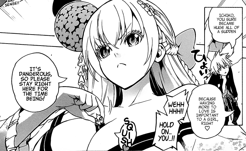 10s 1boy 1girl between_breasts binbougami_ga! breasts frown giant giantess greyscale hair_ornament monochrome person_between_breasts sakura_ichiko tsuwabuki_keita