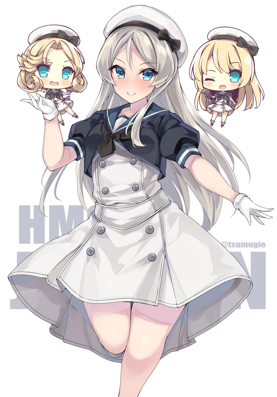 3girls akikaze_tsumuji black_neckerchief blonde_hair blue_eyes blue_sailor_collar blush character_name chibi commentary dress gloves grey_hair hat highres janus_(kancolle) javelin_(kancolle) jervis_(kancolle) kantai_collection long_hair multiple_girls neckerchief one_eye_closed open_mouth sailor_collar sailor_dress short_sleeves simple_background smile solo_focus twitter_username white_background white_dress white_gloves white_hat