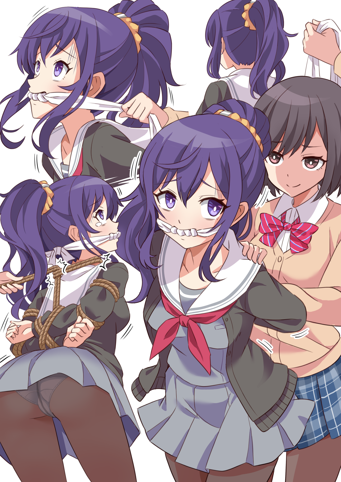 2girls arms_behind_back arms_up asahina_mafuyu ass bdsm black_hair black_jacket black_panties black_pantyhose blue_skirt bondage bound bow bowtie breasts bright_pupils brown_eyes brown_hair cardigan checkered_clothes checkered_skirt cleave_gag clenched_hand clenched_hands cloth_gag clothes_gag collarbone collared_shirt commentary_request commission crying crying_with_eyes_open female_focus from_behind gag gagged grey_shirt grey_skirt hair_ornament hair_scrunchie hand_on_another's_shoulder highres improvised_gag jacket kidnapped kidnapping long_hair long_sleeves looking_at_another looking_back looking_up motion_lines multiple_girls multiple_views neckerchief panties pantyhose pixiv_commission plaid_clothes plaid_skirt pleated_skirt ponytail project_sekai purple_eyes purple_footwear purple_hair red_bow red_bowtie red_neckerchief restrained rope sailor_collar sailor_shirt school_uniform scrunchie serafuku shibari shibari_over_clothes shimouki_izui shinonome_ena shirt sidelocks simple_background skirt small_breasts smile striped_bow striped_bowtie striped_clothes tears underwear upskirt white_background white_pupils white_shirt worried yellow_cardigan yellow_scrunchie