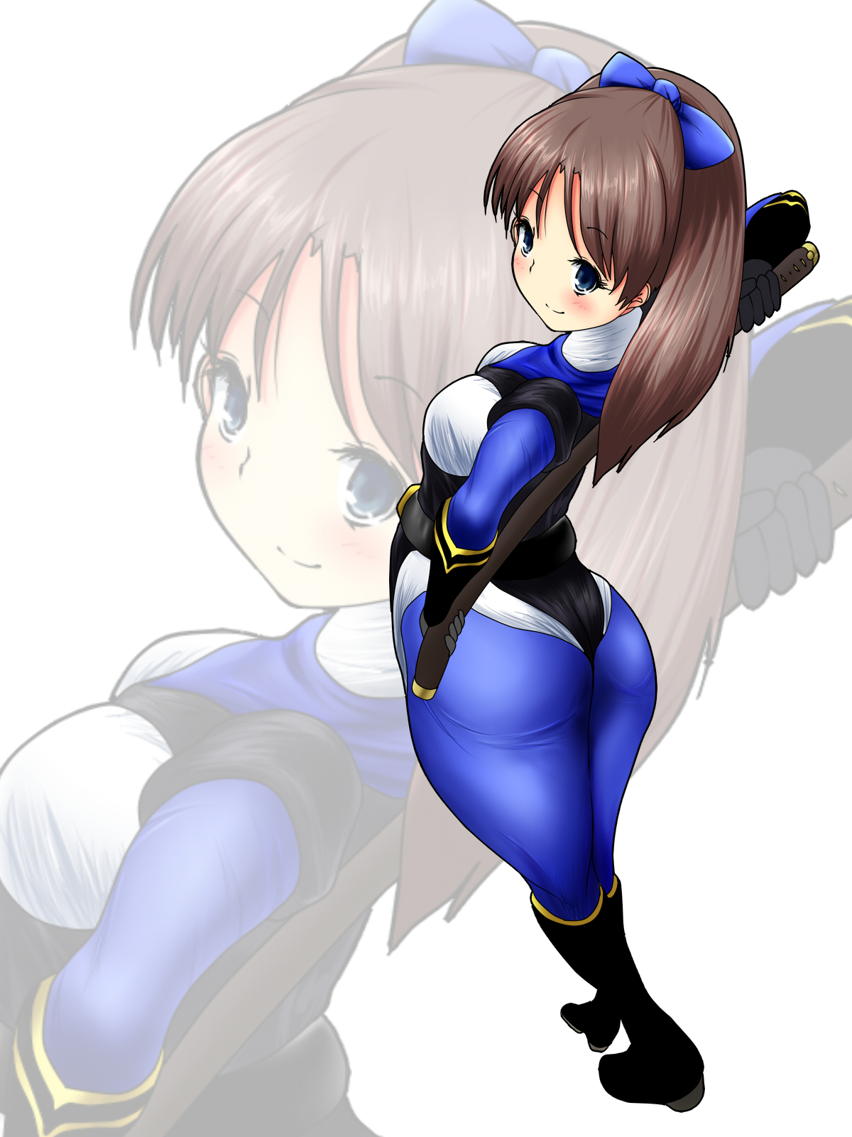 1girl ass ayame_(kakuranger) black_eyes black_hair bodysuit breasts female_focus gloves hana_no_kunoichi_gumi highres long_hair looking_at_viewer looking_back ninja_sentai_kakuranger ponytail sheath sheathed smile sneezy solo standing super_sentai sword weapon