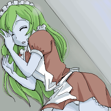 1girl aliasing blue_skin colored_skin dutch_angle female_focus futaba_channel green_hair long_hair lowres maid_headdress nijiura_maids panties pantyshot shitai solo underwear white_panties