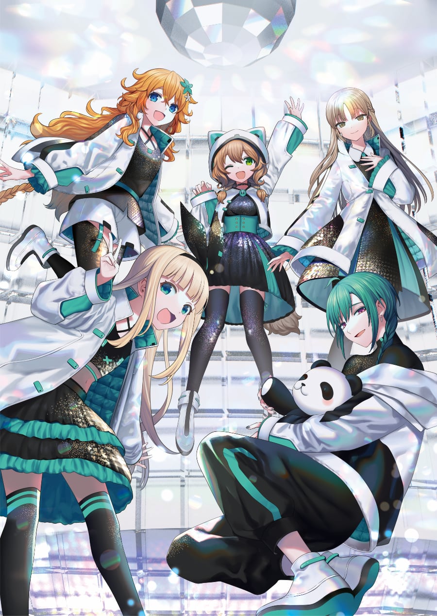 1other 4girls :d ahoge animal_ear_hood ankle_boots arm_up artist_request black_dress black_pants black_ribbon black_shirt black_skirt black_thighhighs blonde_hair blunt_bangs boots braid breasts brown_eyes collared_dress corset disco_ball dress fake_animal_ears flat_chest flower frilled_skirt frilled_sleeves frills glitter glitter_dress green_corset green_eyes green_flower green_hair green_jacket hair_flower hair_ornament hair_over_shoulder hair_ribbon hand_on_own_chest hand_up highres holding holding_stuffed_toy hood hood_up jacket layered_skirt long_hair long_sidelocks looking_at_viewer low-tied_long_hair matching_outfits medium_dress midriff mononobe_alice multiple_girls nail_polish navel nijisanji off_shoulder official_alternate_costume official_art one_eye_closed open_clothes open_jacket open_mouth orange_hair otogibara_era pants parted_bangs purple_eyes quilted_jacket ribbon ryuushen second-party_source shirt shoes shorts sidelocks single_braid sister_claire sitting skirt sleeves_past_wrists small_breasts smile standing standing_on_one_leg stuffed_animal stuffed_panda stuffed_toy thighhighs twin_braids two-sided_fabric two-sided_jacket underbust v very_long_hair virtual_youtuber warabeda_meiji wavy_hair white_background white_boots white_flower white_jacket white_shoes white_shorts zettai_ryouiki