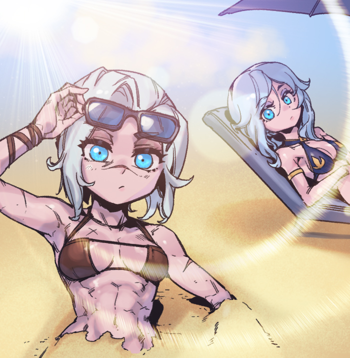 2girls ashe_(league_of_legends) beach bikini black_bikini blue_eyes breasts brown_bikini cleavage eyewear_on_head green_eyes grey_hair league_of_legends long_hair looking_at_viewer lying multiple_girls on_back phantom_ix_row sand sejuani short_hair sunglasses swimsuit upper_body