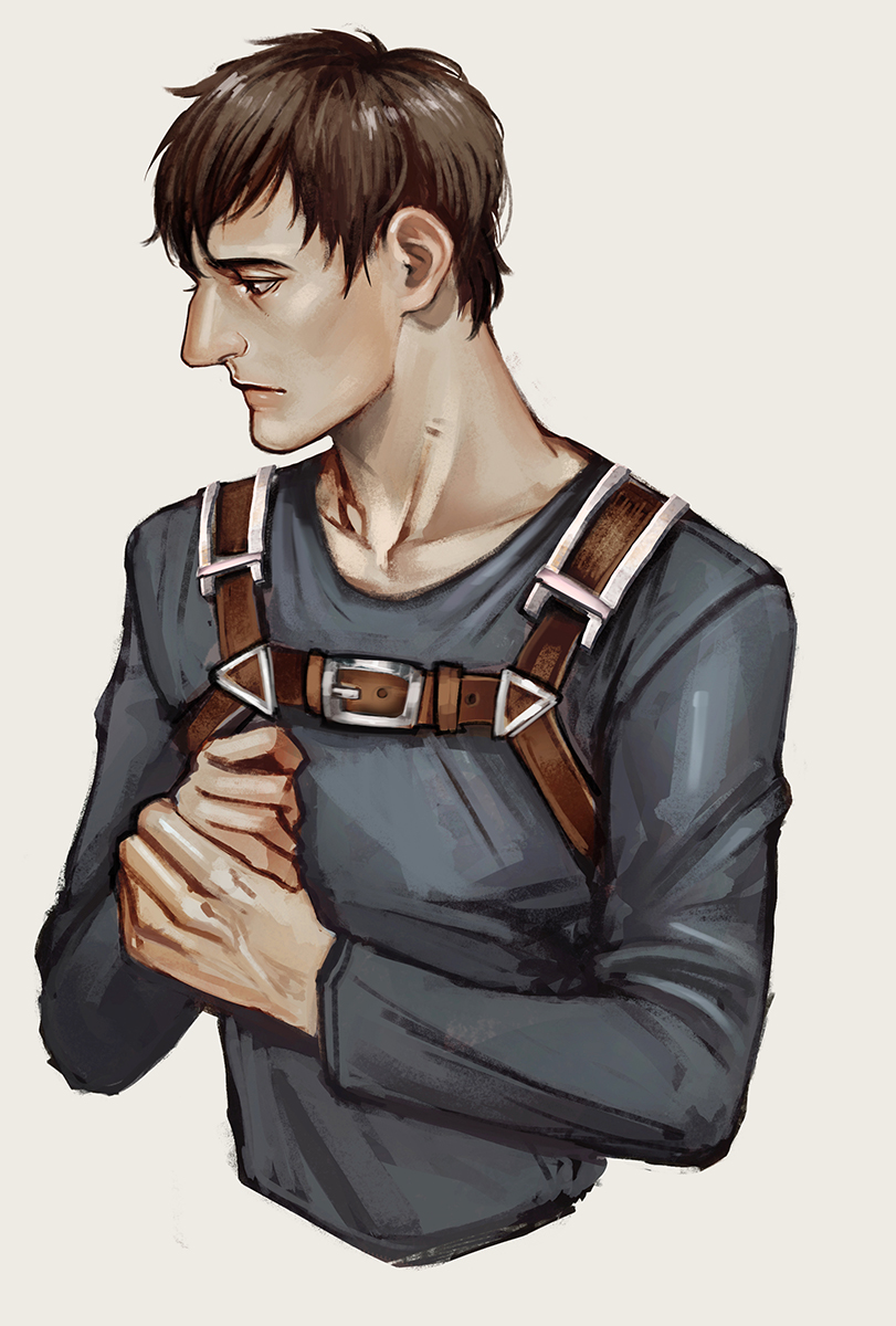 1boy aquiline_nose belt_buckle bertolt_hoover black_shirt brown_eyes brown_hair buckle chest_harness closed_mouth collarbone commentary cropped_torso english_commentary harness highres long_sleeves looking_down male_focus mistermagnolia nose own_hands_together profile shingeki_no_kyojin shirt short_hair solo