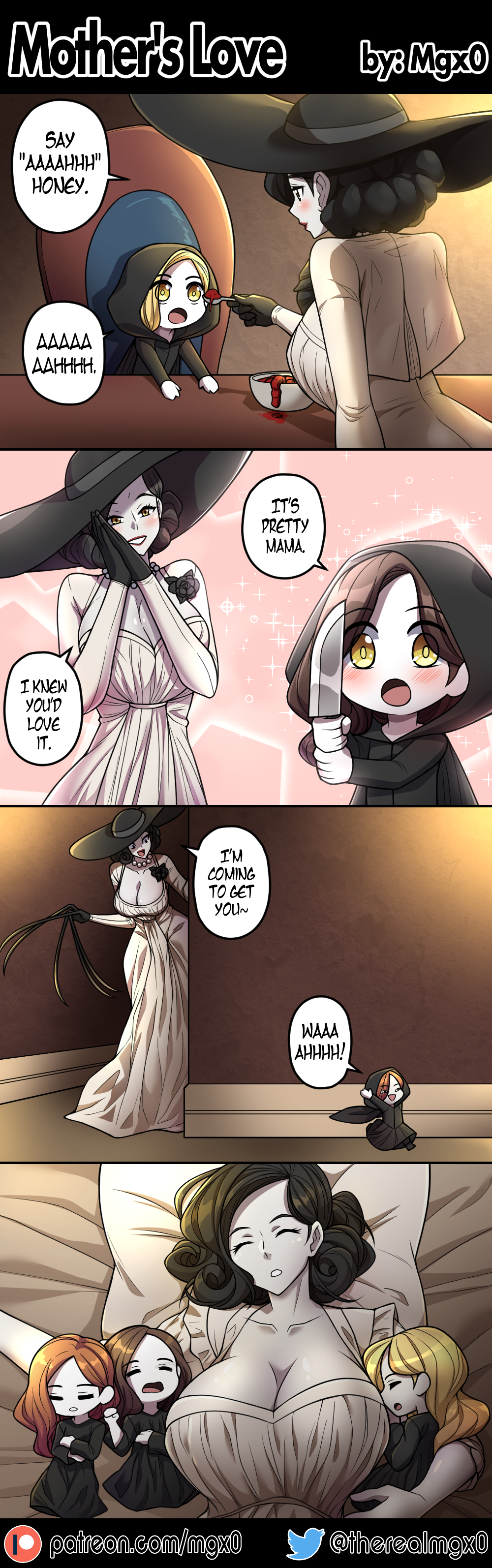 4koma absurdres aged_down alcina_dimitrescu artist_name bela_dimitrescu black_dress black_gloves black_hair blonde_hair blood bowl breasts brown_hair cassandra_dimitrescu chair claw_(weapon) cleavage comic daniela_dimitrescu dress english_text eyes_visible_through_hair feeding gloves hat highres holding holding_knife hood huge_breasts knife mgx0 mother_and_daughter open_mouth orange_hair own_hands_together patreon_logo resident_evil resident_evil_village siblings sisters sleeping table tall_female twitter_logo twitter_username watermark weapon web_address white_dress yellow_eyes