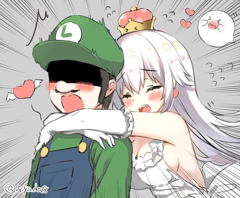 &gt;_&lt; 1boy 1girl bad_id bad_pixiv_id bare_shoulders blouse blue_overalls blush boo_(mario) breasts cleavage closed_eyes crown dress earrings elbow_gloves emphasis_lines facial_hair flying_sweatdrops frilled_dress frilled_gloves frills ghost gloves green_hat green_shirt green_sweater grey_background hair_between_eyes hat heart hug hug_from_behind jewelry large_breasts long_hair luigi luigi&#039;s_mansion mario_(series) mini_crown mustache new_super_mario_bros._u_deluxe nintendo no_bra open_mouth overalls princess_king_boo scared shaded_face sharp_teeth shirt sideboob sleeveless sleeveless_dress super_crown sweater teeth white_dress white_gloves white_hair winged_heart wings yadapot