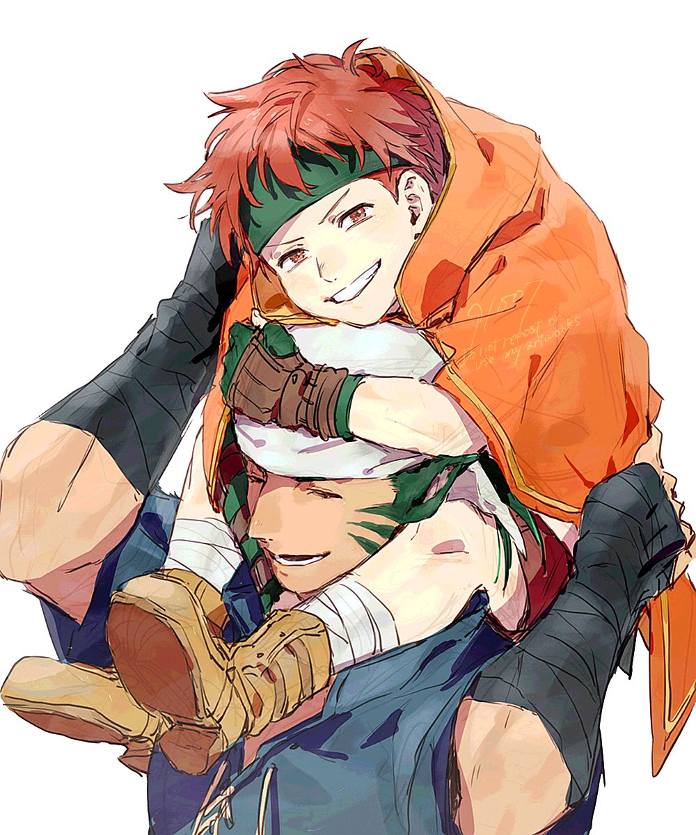 2boys 91007 bandages bandaged_arm bandaged_leg bandages bandana blue_shirt boots brown_footwear cape carrying fire_emblem fire_emblem:_path_of_radiance green_headband grin headband highres looking_at_viewer male_focus muarim_(fire_emblem) multiple_boys nintendo orange_cape red_eyes red_hair shirt short_hair shoulder_carry simple_background smile tormod_(fire_emblem) upper_body white_background white_bandana