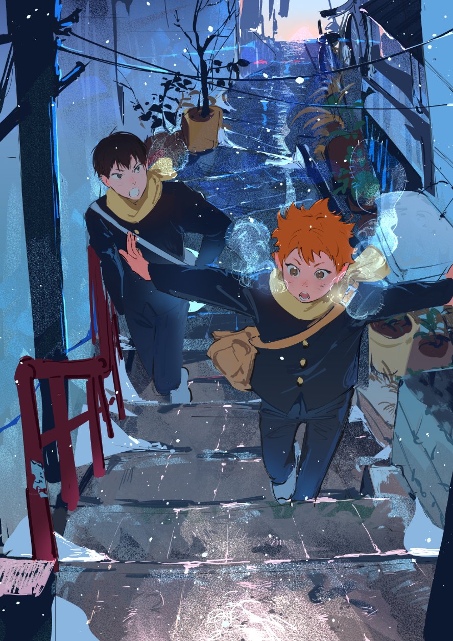 2boys atie1225 black_eyes black_hair breath cold full_body gakuran haikyuu!! highres hinata_shouyou kageyama_tobio male_focus multiple_boys open_mouth orange_eyes orange_hair outdoors scarf school_uniform short_hair snow utility_pole winter