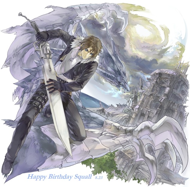 1boy bahamut_(final_fantasy) belt black_belt black_footwear black_gloves black_jacket black_pants blue_eyes blue_sky brown_belt brown_hair castle chain chain_necklace character_name cloud cloudy_sky commentary_request cropped_jacket dated dated_commentary day dragon riding_dragon dutch_angle final_fantasy final_fantasy_viii foliage full_body fur-trimmed_jacket fur_trim gloves gunblade hands_up happy_birthday hinokami holding holding_weapon jacket jewelry long_sleeves looking_down male_focus multiple_belts necklace ocean on_one_knee open_clothes open_jacket outdoors pants pendant scar scar_on_face serious shirt short_hair sky squall_leonhart studded_belt thigh_strap v-neck weapon white_fur white_shirt yellow_clouds yellow_sky