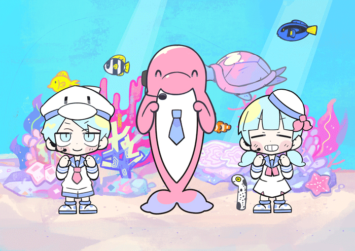 1boy 1girl ^_^ animal_hat black_headphones blue_eyes blue_hair blue_necktie blue_sailor_collar blunt_bangs blush_stickers boots character_request clenched_hand closed_eyes closed_mouth clownfish collared_shirt commentary_request copyright_request coral dappled_sunlight deformed dolphin duck_hat fish full_body grin hat hat_ribbon headpiece long_sleeves low_twintails medium_hair miniskirt neckerchief necktie polka_dot_footwear red_neckerchief red_necktie red_ribbon ribbon sailor_collar sailor_hat sailor_shirt sand shirt short_hair short_twintails shorts skirt skirt_set smile starfish straight-on sunlight terada_tera twintails underwater v-shaped_eyebrows white_footwear white_headwear white_shirt white_shorts white_skirt white_sleeves