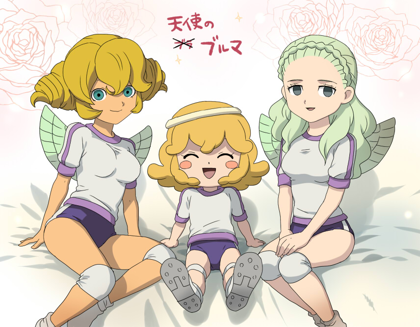 1boy 2girls aiel angel angelo_cabrini angelo_gabrini bad_id bad_pixiv_id blonde_hair blue_eyes blush breasts buruma guel halo inazuma_eleven inazuma_eleven_(series) long_hair mizuhara_aki multiple_girls sitting trap wings