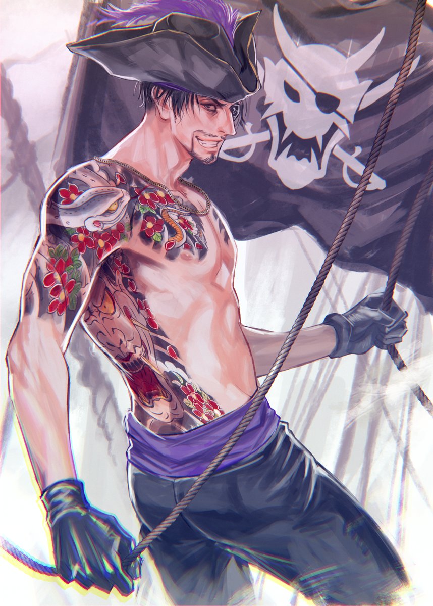 1boy aomi_nekosuki black_gloves black_hat black_pants captain_majima commentary full-body_tattoo gloves hat highres jolly_roger majima_goro male_focus mature_male pants pirate_hat ryuu_ga_gotoku_(series) ryuu_ga_gotoku_8_gaiden smile solo symbol-only_commentary tattoo teeth