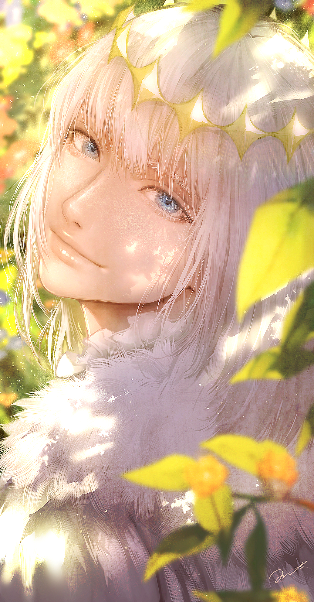 1boy blue_eyes blurry branch cloak closed_mouth commentary dappled_sunlight depth_of_field diamond_hairband fate/grand_order fate_(series) from_side fur-trimmed_cloak fur_trim highres lips looking_at_viewer male_focus oberon_(fate) oberon_(second_ascension)_(fate) portrait signature smile solo sunlight symbol-only_commentary white_cloak white_hair yuta_arata