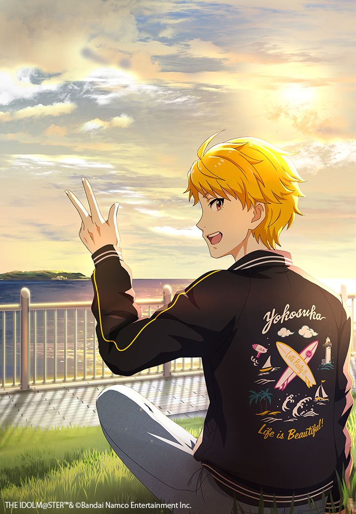1boy ahoge blonde_hair cloud copyright_name grass idolmaster idolmaster_side-m jacket long_sleeves looking_back maita_rui male_focus ocean official_art on_ground open_mouth orange_eyes outdoors pants sky smile solo teeth upper_teeth_only yokosuka