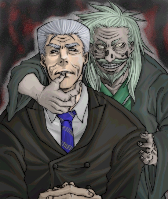 2boys beard crazy_eyes facial_hair formal_clothes grin hyoudou_kazutaka kaiji male_focus multiple_boys mustache necktie old old_man smile suit tanotsuku_daisuke tonegawa_yukio white_hair