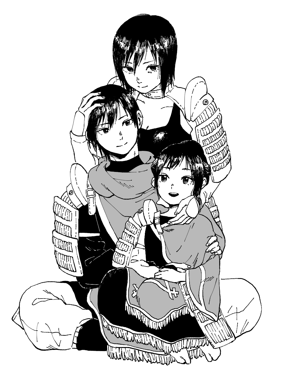 1boy 2girls ancestor_and_descendant armor black_hair bob_cut bodysuit breasts btkn0522 cleavage closed_mouth commentary fumetsu_no_anata_e grandmother_and_granddaughter greyscale hair_between_eyes hair_bun hand_on_another&#039;s_arm hand_on_another&#039;s_head hayase_(fumetsu_no_anata_e) highres hisame_(fumetsu_no_anata_e) japanese_clothes kahaku_(fumetsu_no_anata_e) looking_at_another mantle monochrome multiple_girls short_hair shoulder_armor simple_background sitting smile time_paradox white_background