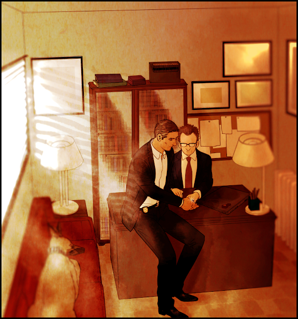 2boys bear_(person_of_interest) black_hair black_suit brown_hair couch couple dark-skinned_male dark_skin desk dog formal_clothes full_body glasses grey_hair hair_slicked_back harold_finch_(person_of_interest) husband_and_husband indoors jewelry john_reese_(person_of_interest) lamp male_focus mature_male multicolored_hair multiple_boys on_desk person_of_interest rectangular_eyewear ring short_hair sideburns sitting on_desk streaked_hair suit sunlight tabomi wedding_ring yaoi