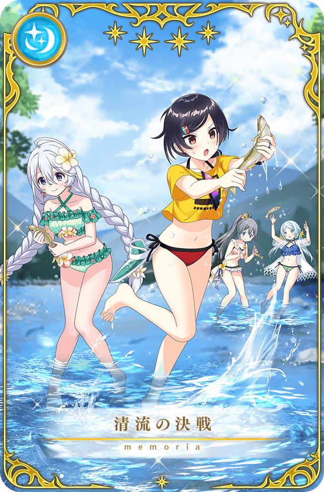 4girls ahoge animal aoba_chika aoba_chika_(swimsuit_costume) artist_request bare_legs bare_shoulders barefoot bikini black_hair black_ribbon blue_bikini blue_hair blue_sky bow braid breasts brown_eyes card_(medium) cleavage closed_mouth clothes_writing cloud collarbone criss-cross_halter criss-cross_straps day detached_sleeves earrings feet fish fishing floral_print flower frilled_bikini frills full_body game_cg green_bikini green_sleeves grey_eyes grey_hair hair_between_eyes hair_flower hair_ornament hairclip halterneck hibiscus high_side_ponytail holding holding_animal holding_fish jacket jewelry leg_up light_blush long_hair looking_at_another low_twin_braids low_twintails magia_record:_mahou_shoujo_madoka_magica_gaiden mahou_shoujo_madoka_magica mismatched_bikini mountain multiple_girls natsu_ryoko natsu_ryoko_(swimsuit_costume) navel official_alternate_costume official_art open_clothes open_jacket open_mouth outdoors picture_frame pink_bikini red_bikini ribbon ruffle_bikini shirt short_hair short_sleeves sky smile sparkle splashing star_(symbol) stomach sweatdrop swimsuit t-shirt tareme toes toki_sunao toki_sunao_(swimsuit_costume) tokime_shizuka tokime_shizuka_(swimsuit_costume) translated tsurime twin_braids twintails v-shaped_eyebrows very_long_hair wading waist_bow waist_ribbon water_drop white_bikini white_bow white_flower white_hair white_jacket yellow_flower yellow_shirt