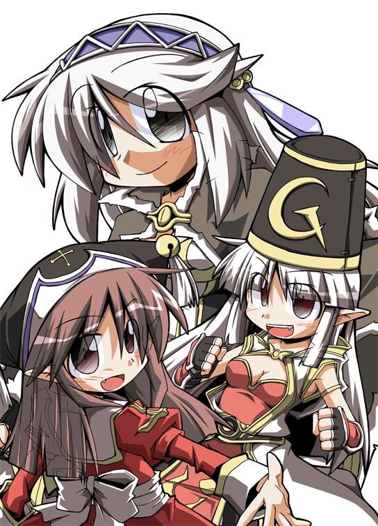 3girls back_bow black_gloves black_hat bow breasts brown_cape brown_eyes brown_hair cape champion_(ragnarok_online) cleavage closed_mouth coat comiket_78 commentary_request dress fang fingerless_gloves fur-trimmed_cape fur_trim gloves grey_eyes grey_hair hair_between_eyes hairband hat high_priest_(ragnarok_online) high_wizard_(ragnarok_online) juliet_sleeves long_hair long_sleeves looking_at_viewer medium_breasts multiple_girls nitoro_(nasenaru) noah_hat_(ragnarok_online) open_mouth pointy_ears puffy_sleeves purple_hairband ragnarok_online red_dress red_shirt sash shako_cap shirt simple_background smile swept_bangs two-tone_dress white_background white_bow white_coat white_dress white_sash