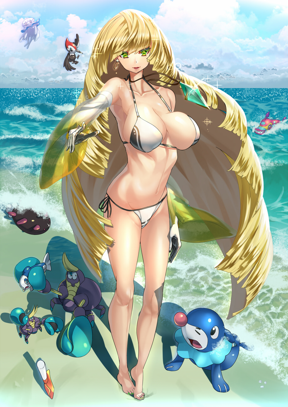 10s 1girl alternate_breast_size barefoot beach bikini blonde_hair breasts bruxish crabrawler day earrings elbow_gloves fujisaki_eru gen_7_pokemon gloves highres jewelry large_breasts legendary_pokemon long_hair looking_at_viewer lusamine_(pokemon) nail_polish navel nihilego nintendo ocean panties pikipek pointing pointing_at_viewer pokemon pokemon_(creature) pokemon_sm popplio pyukumuku sand shovel smile sparkle swimsuit ultra_beast underwear very_long_hair waves white_gloves wishiwashi wishiwashi_(solo) worktool