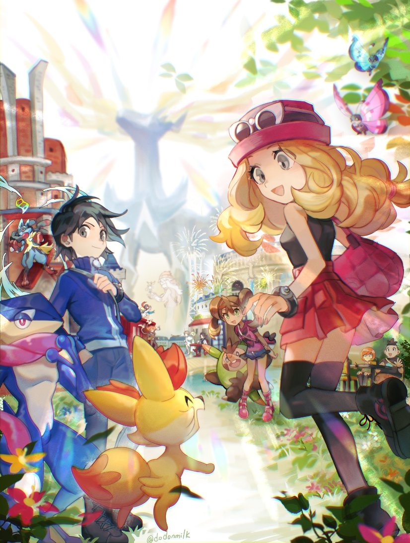 augustine_sycamore az_(pokemon) bag black_footwear black_hair black_shirt black_thighhighs blonde_hair blue_jacket bracelet calem_(pokemon) chair diantha_(pokemon) eyewear_on_head fennekin fireworks floette flower gen_4_pokemon gen_6_pokemon green_eyes greninja grey_eyes hat high-waist_skirt huan_li jacket jewelry legendary_pokemon long_hair lucario lysandre_(pokemon) mega_lucario mega_pokemon miniskirt nintendo open_mouth pink_shoes pleated_skirt pokemon pokemon_(creature) pokemon_xy quilladin red_skirt serena_(pokemon) shauna_(pokemon) shirt shoes shoulder_bag skirt sleeveless sleeveless_shirt smile sunglasses table thighhighs tierno_(pokemon) trevor_(pokemon) vivillon xerneas
