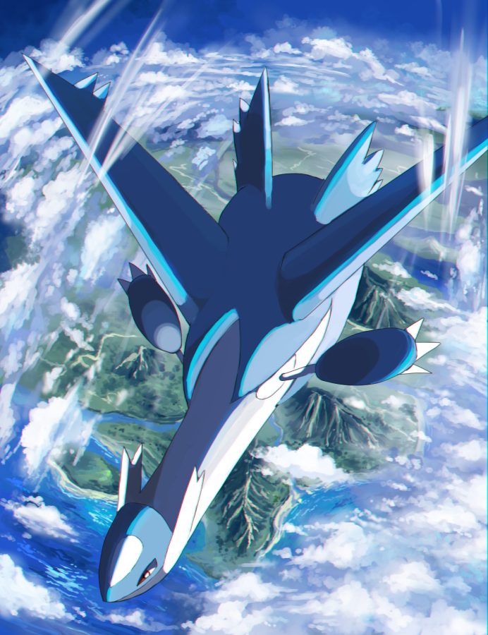 above_clouds bad_id bad_twitter_id claws cloud commentary_request day gen_3_pokemon latios legendary_pokemon mountain nintendo no_humans ocean pokemon pokemon_(creature) pokemon_focus red_eyes river rowdon solo water
