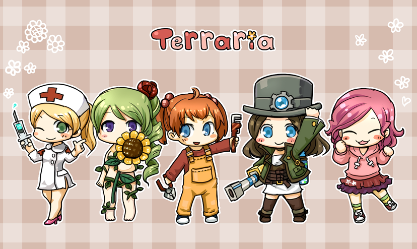 5girls :3 bad_id bad_pixiv_id blonde_hair blue_eyes blush braid brown_hair clenched_hands dryad dryad_(terraria) closed_eyes flower green_eyes green_hair hagino_chiyoko hair_ornament long_hair long_sleeves looking_at_viewer mechanic_(terraria) multiple_girls navel nurse_(terraria) one_eye_closed orange_hair overalls party_girl_(terraria) pink_hair ponytail purple_eyes ribbon short_hair short_twintails skirt smile steampunker_(terraria) sunflower syringe terraria thighhighs twintails wrench