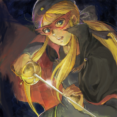 1970s_(style) 1girl beret blonde_hair blue_eyes bow cape dark female_focus hair_bow hat la_seine_no_hoshi long_hair lowres mask oekaki oldschool ponytail rapier retro_artstyle sakai_yume simone_(la_seine_no_hoshi) solo sunrise_(company) sword weapon